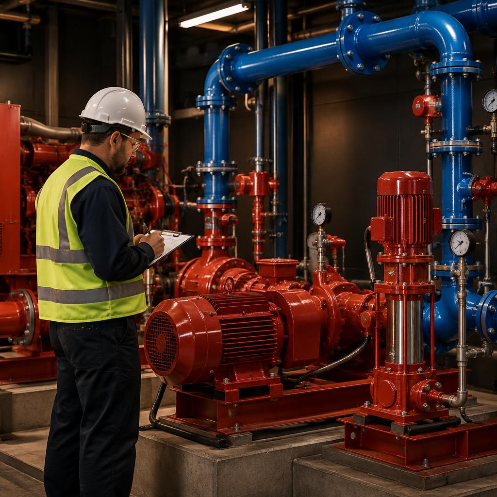 Teknisi memeriksa instalasi pompa hydrant elektrik dan jockey pump